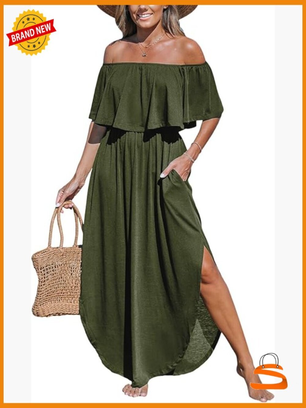 Women's Knit Off Shoulder Maxi Cover Up Dress with Pockets
